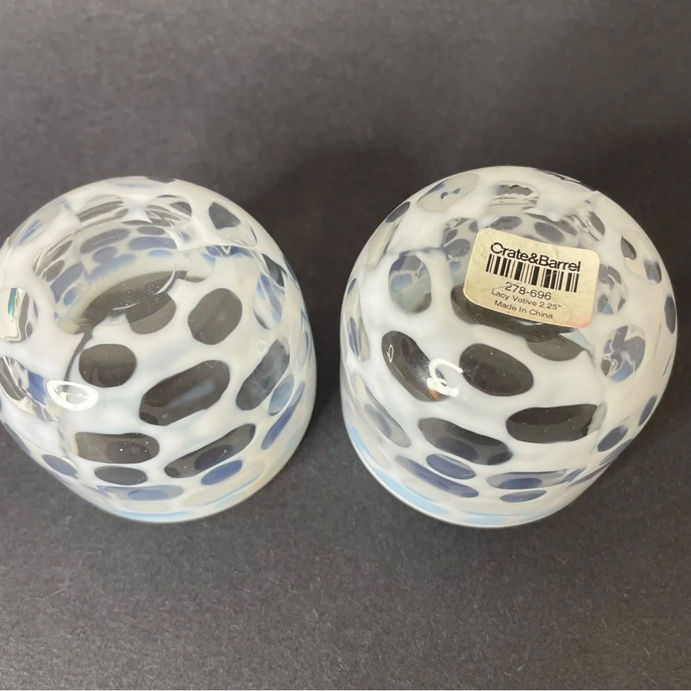 Pair of Crate & Barrel Art Glass Moonstone Lacy Votive Candle Holders 2 1/4